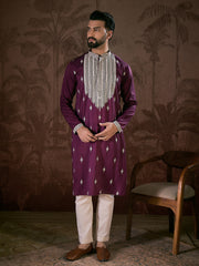 Ethnic Bay Men Purple Silk Blend Solid Embroidered Straight Kurta With Trouser-MKSET1793