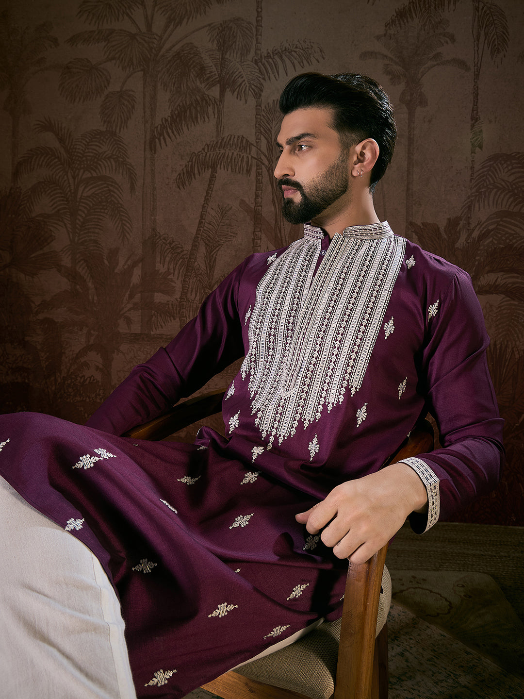 Ethnic Bay Men Purple Silk Blend Solid Embroidered Straight Kurta With Trouser
