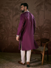 Ethnic Bay Men Purple Silk Blend Solid Embroidered Straight Kurta With Trouser-MKSET1793