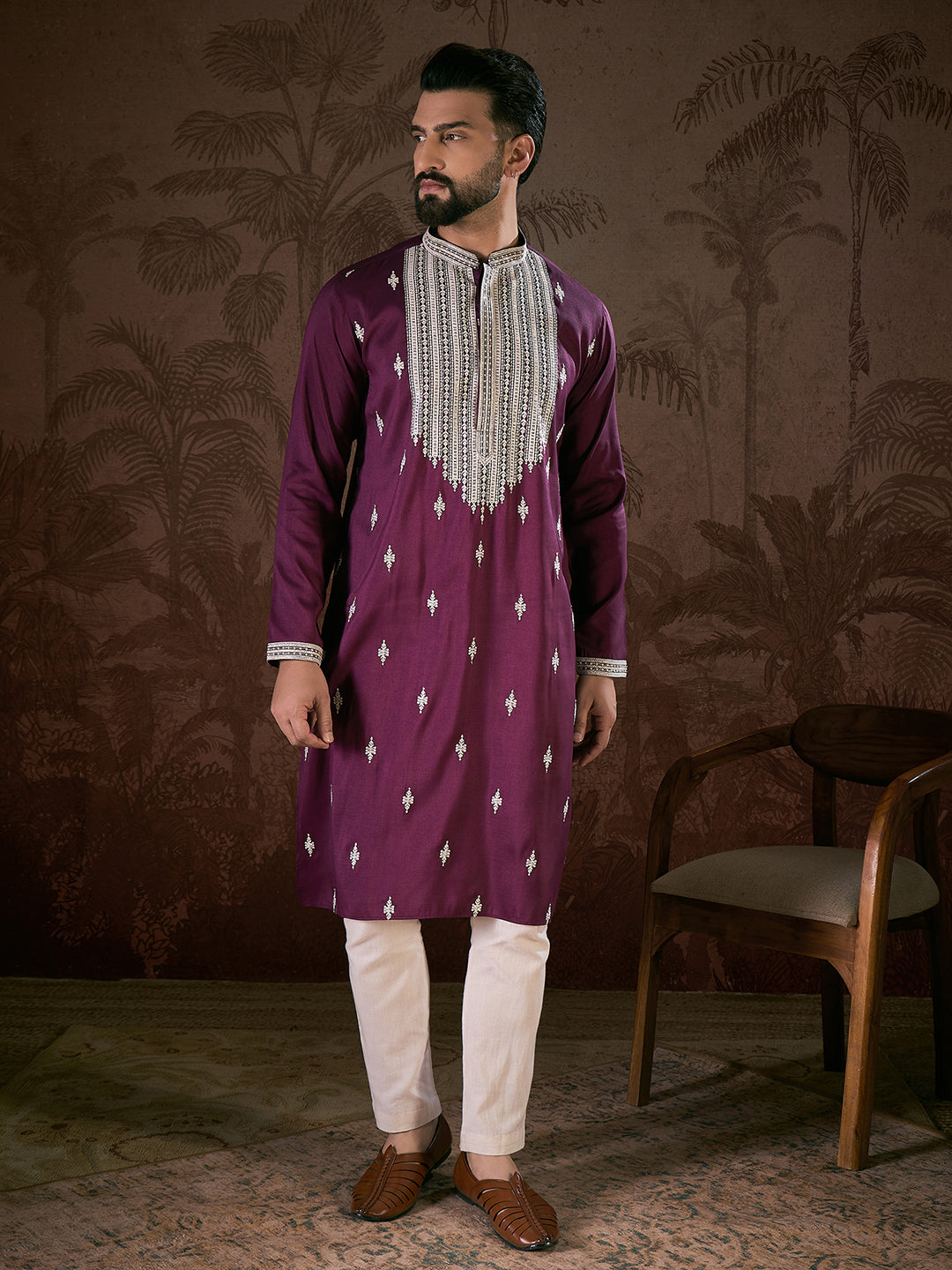 Ethnic Bay Men Purple Silk Blend Solid Embroidered Straight Kurta With Trouser