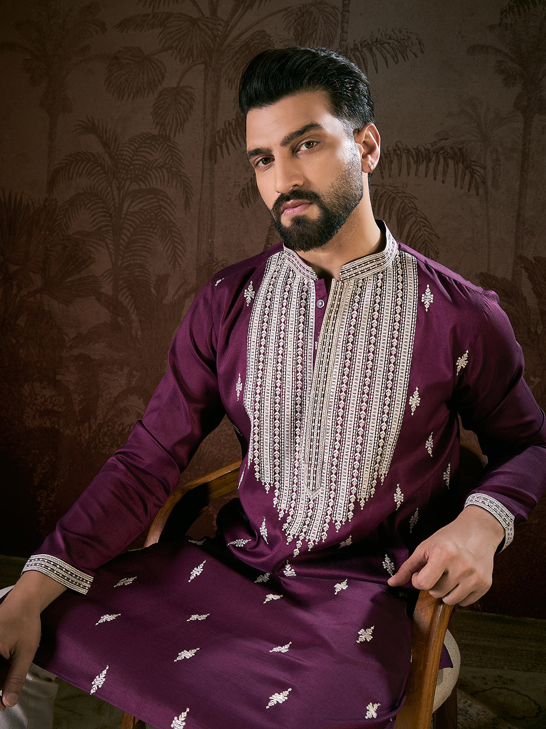 Ethnic Bay Men Purple Silk Blend Solid Embroidered Straight Kurta With Trouser