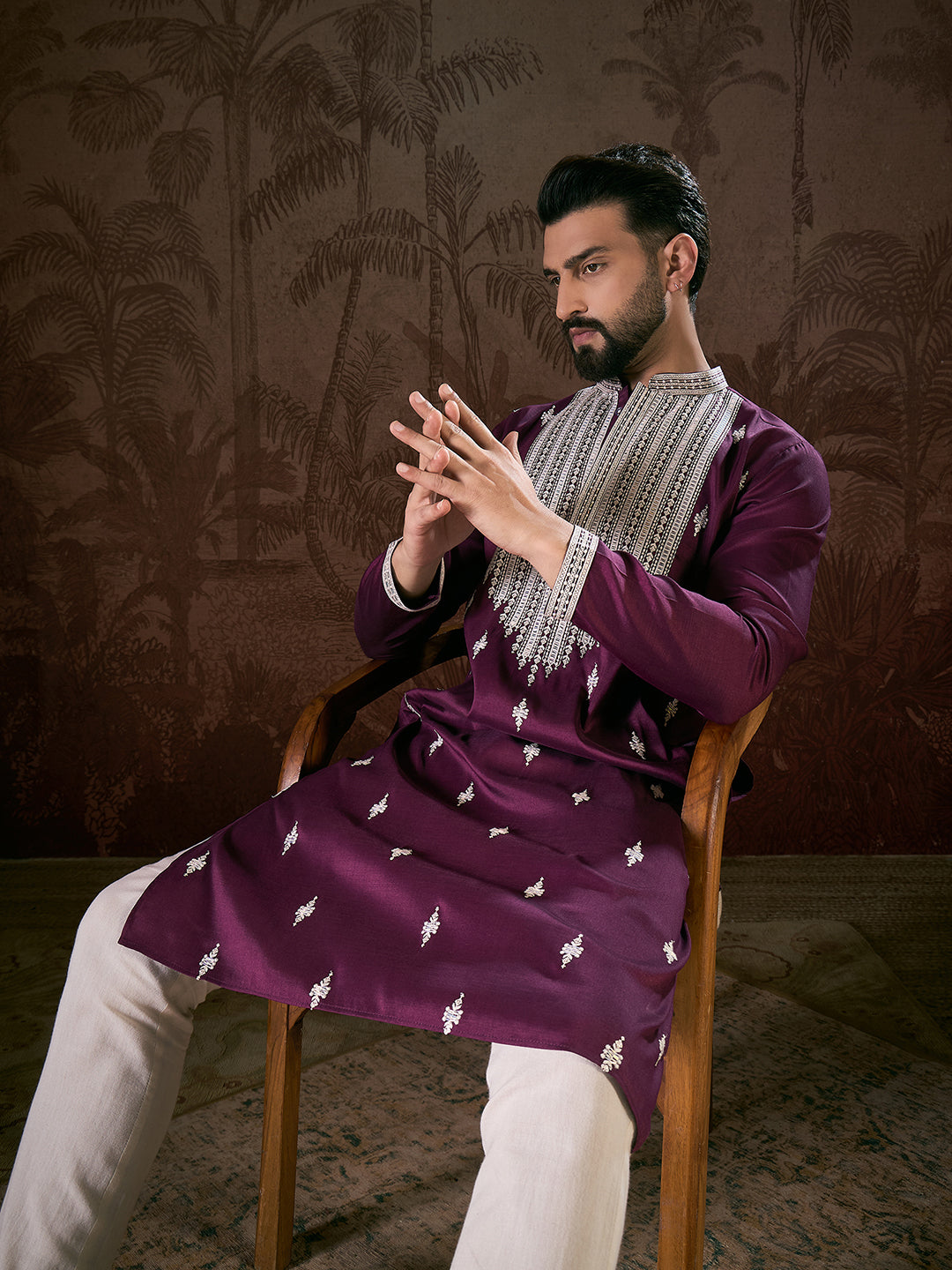 Ethnic Bay Men Purple Silk Blend Solid Embroidered Straight Kurta With Trouser