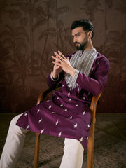 Ethnic Bay Men Purple Silk Blend Solid Embroidered Straight Kurta With Trouser-MKSET1793