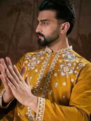 Ethnic Bay Men Mustard Silk Blend Solid Embroidered Straight Kurta With Trouser-MKSET1796