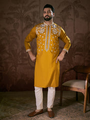 Ethnic Bay Men Mustard Silk Blend Solid Embroidered Straight Kurta With Trouser-MKSET1796