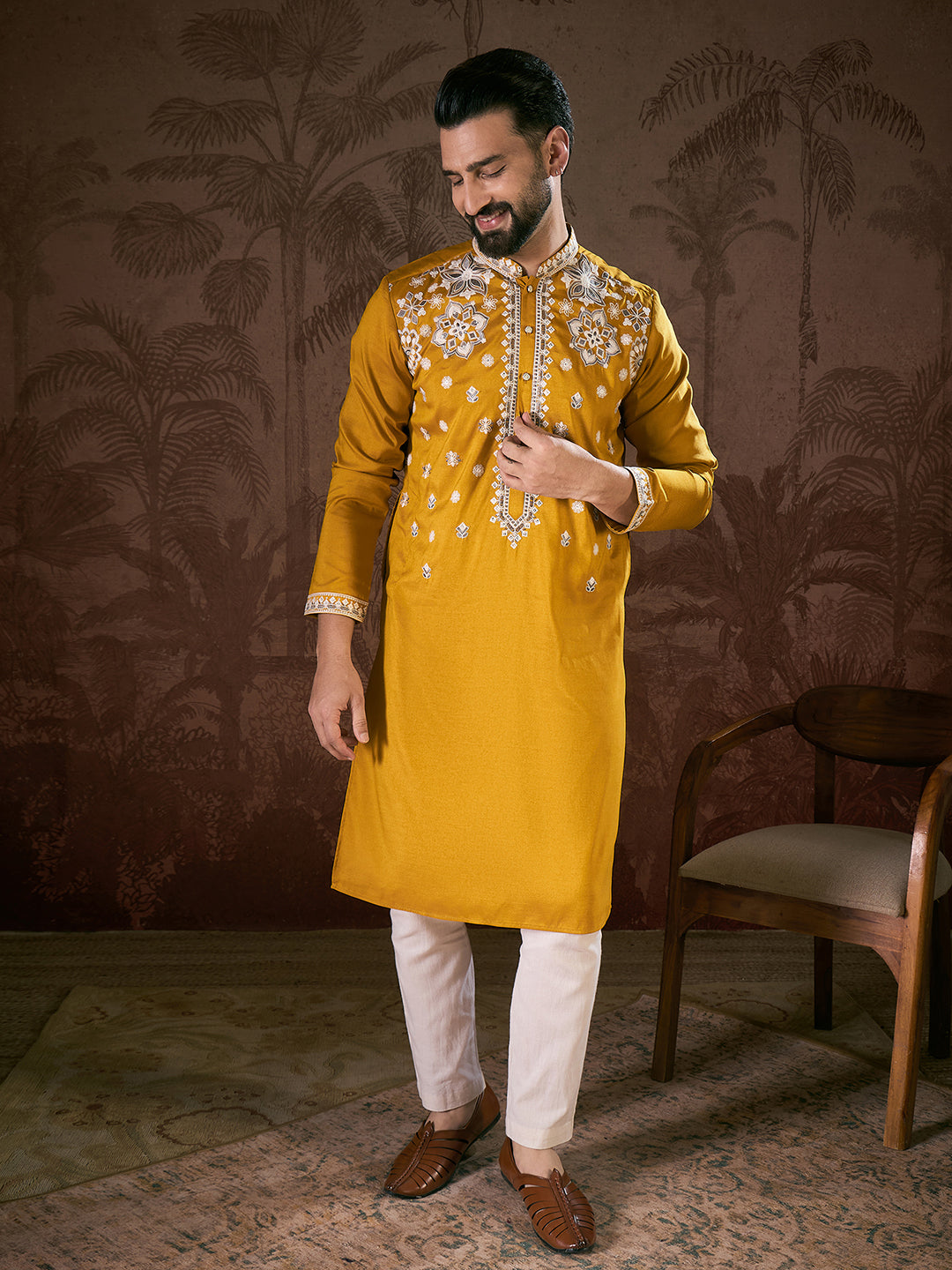 Ethnic Bay Men Mustard Silk Blend Solid Embroidered Straight Kurta With Trouser