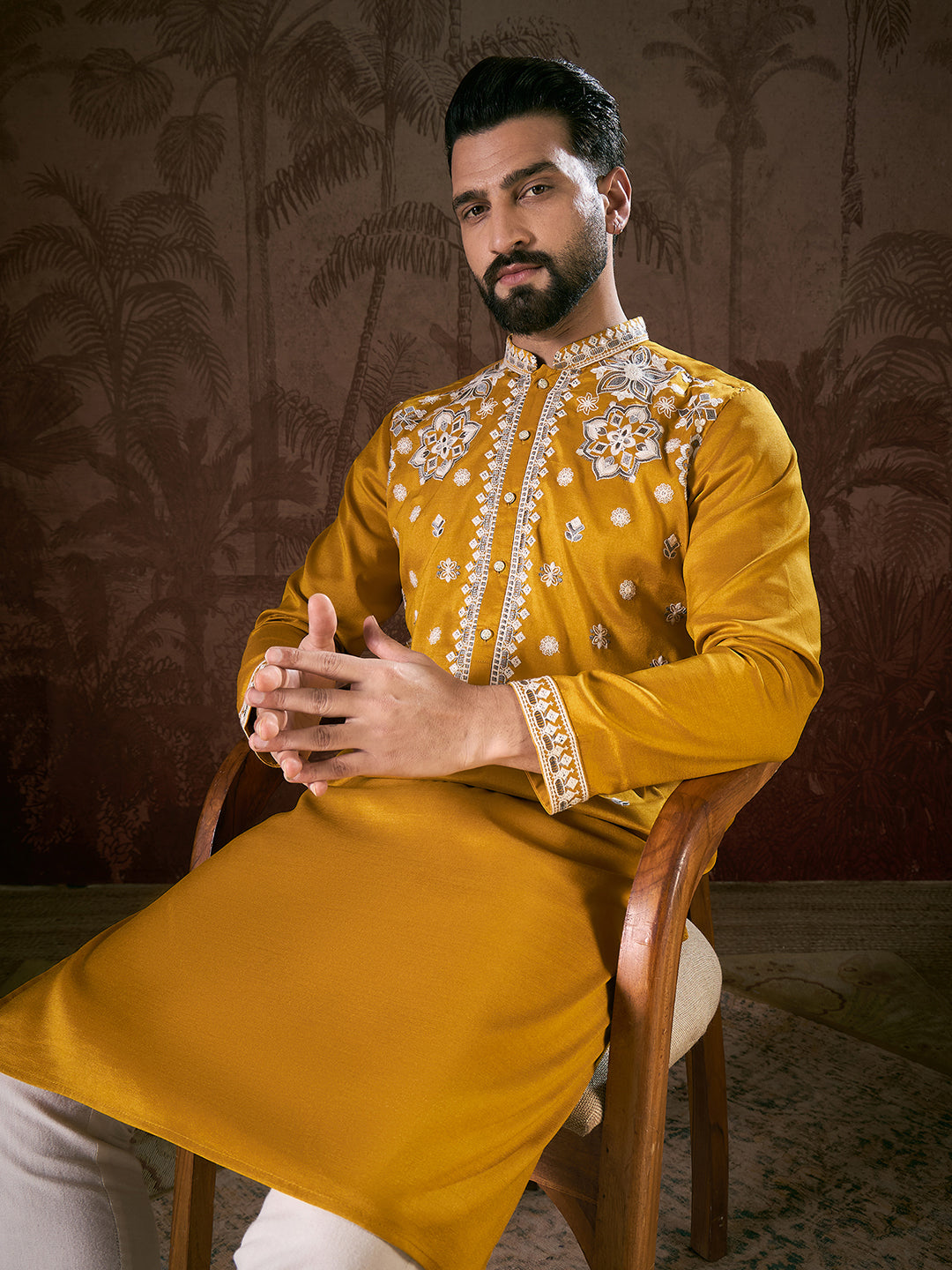 Ethnic Bay Men Mustard Silk Blend Solid Embroidered Straight Kurta With Trouser