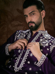 Ethnic Bay Men Purple Silk Blend Solid Embroidered Straight Kurta With Trouser-MKSET1797