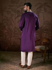 Ethnic Bay Men Purple Silk Blend Solid Embroidered Straight Kurta With Trouser-MKSET1797
