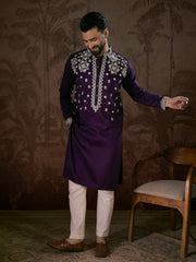 Ethnic Bay Men Purple Silk Blend Solid Embroidered Straight Kurta With Trouser-MKSET1797