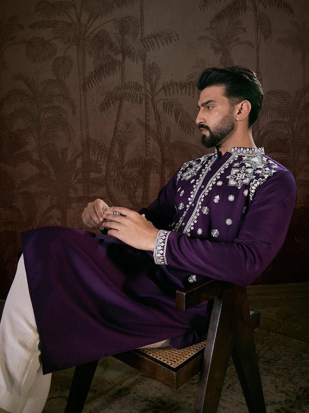 Ethnic Bay Men Purple Silk Blend Solid Embroidered Straight Kurta With Trouser