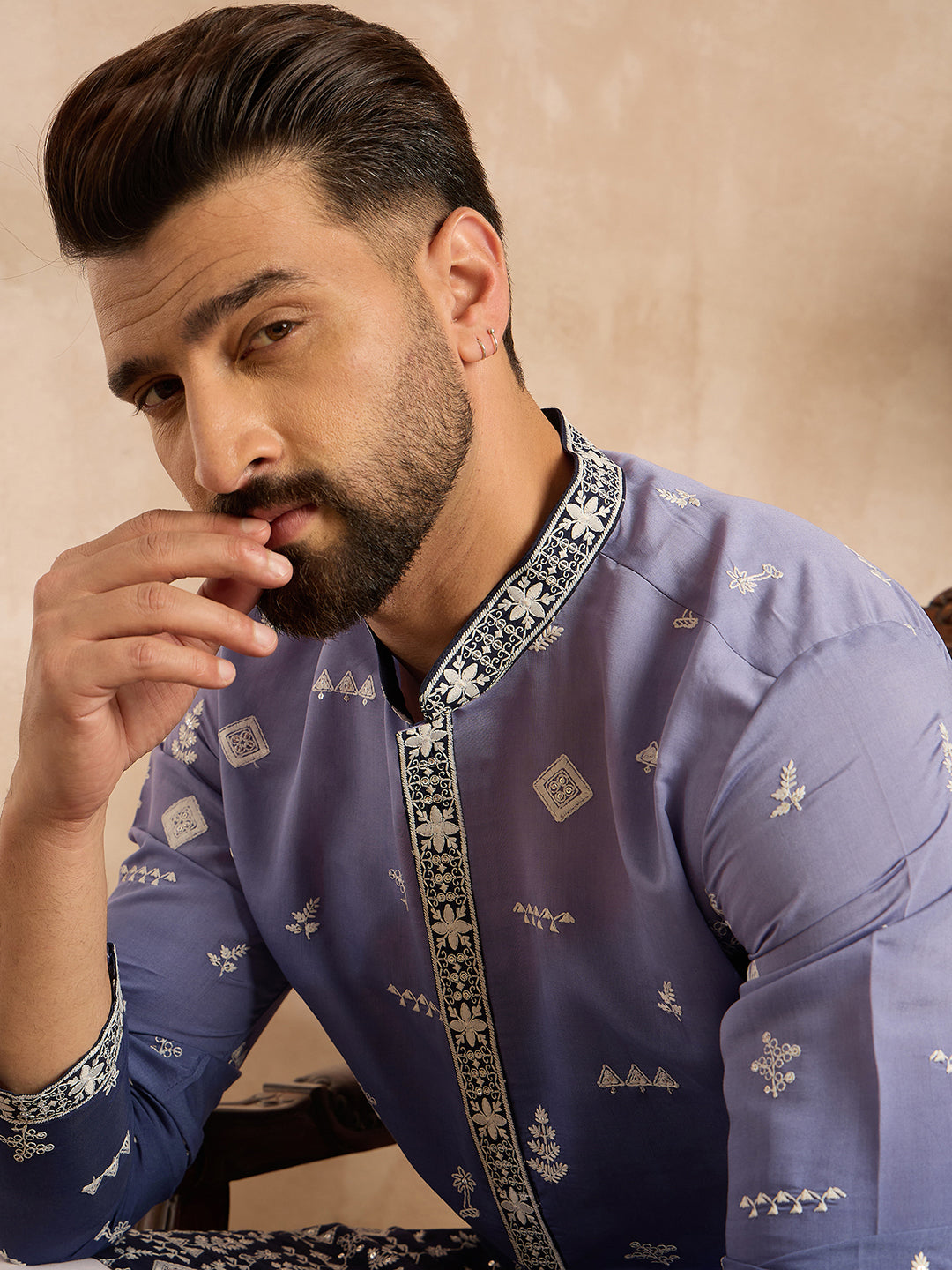 Ethnic Bay Men Violet Silk Blend Ombre Embroidered Straight Kurta Sets