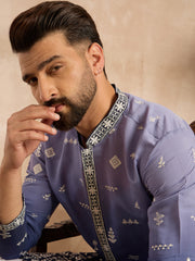Ethnic Bay Men Violet Silk Blend Ombre Embroidered Straight Kurta Sets-MKSET1798