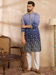 Ethnic Bay Men Violet Silk Blend Ombre Embroidered Straight Kurta Sets-MKSET1798