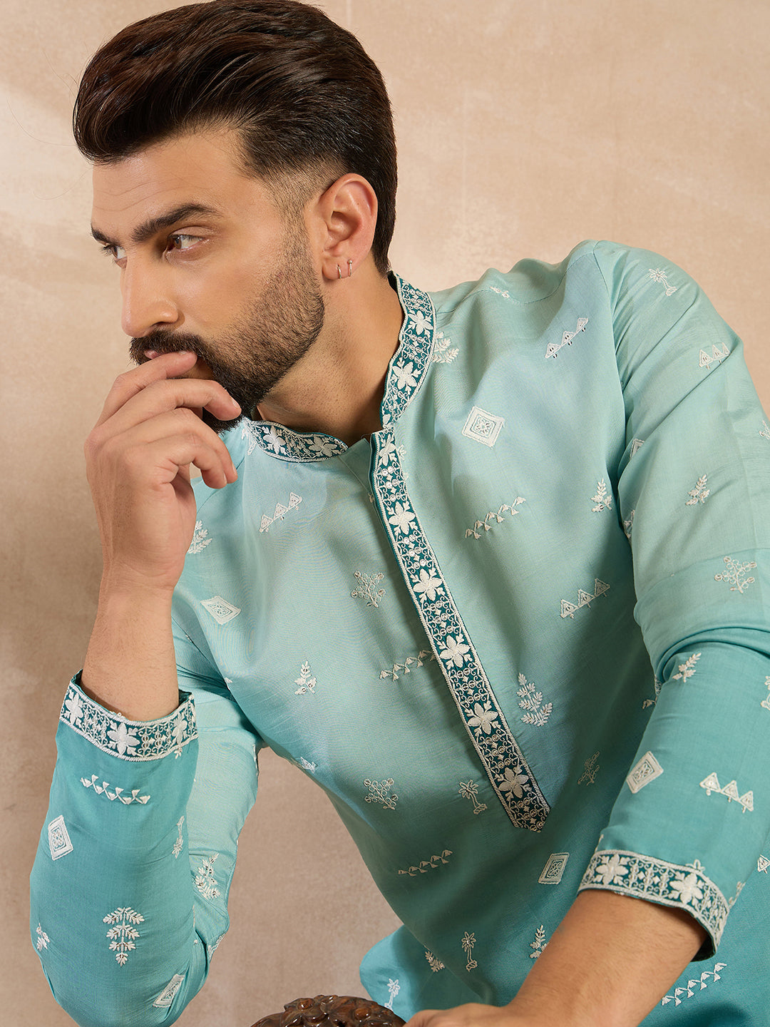Ethnic Bay Men Teal Silk Blend Ombre Embroidered Straight Kurta Sets-MKSET1799