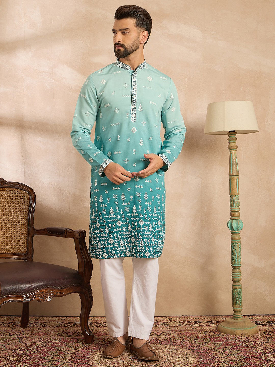 Ethnic Bay Men Teal Silk Blend Ombre Embroidered Straight Kurta Sets