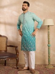 Ethnic Bay Men Teal Silk Blend Ombre Embroidered Straight Kurta Sets-MKSET1799