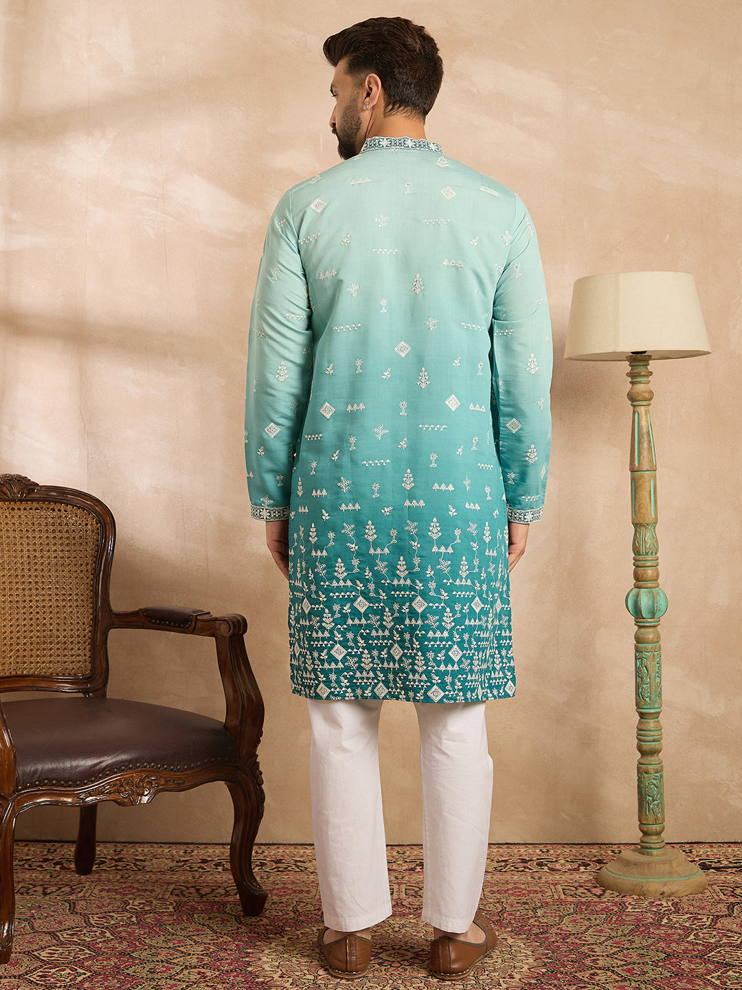 Ethnic Bay Men Teal Silk Blend Ombre Embroidered Straight Kurta Sets