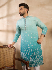 Ethnic Bay Men Teal Silk Blend Ombre Embroidered Straight Kurta Sets-MKSET1799