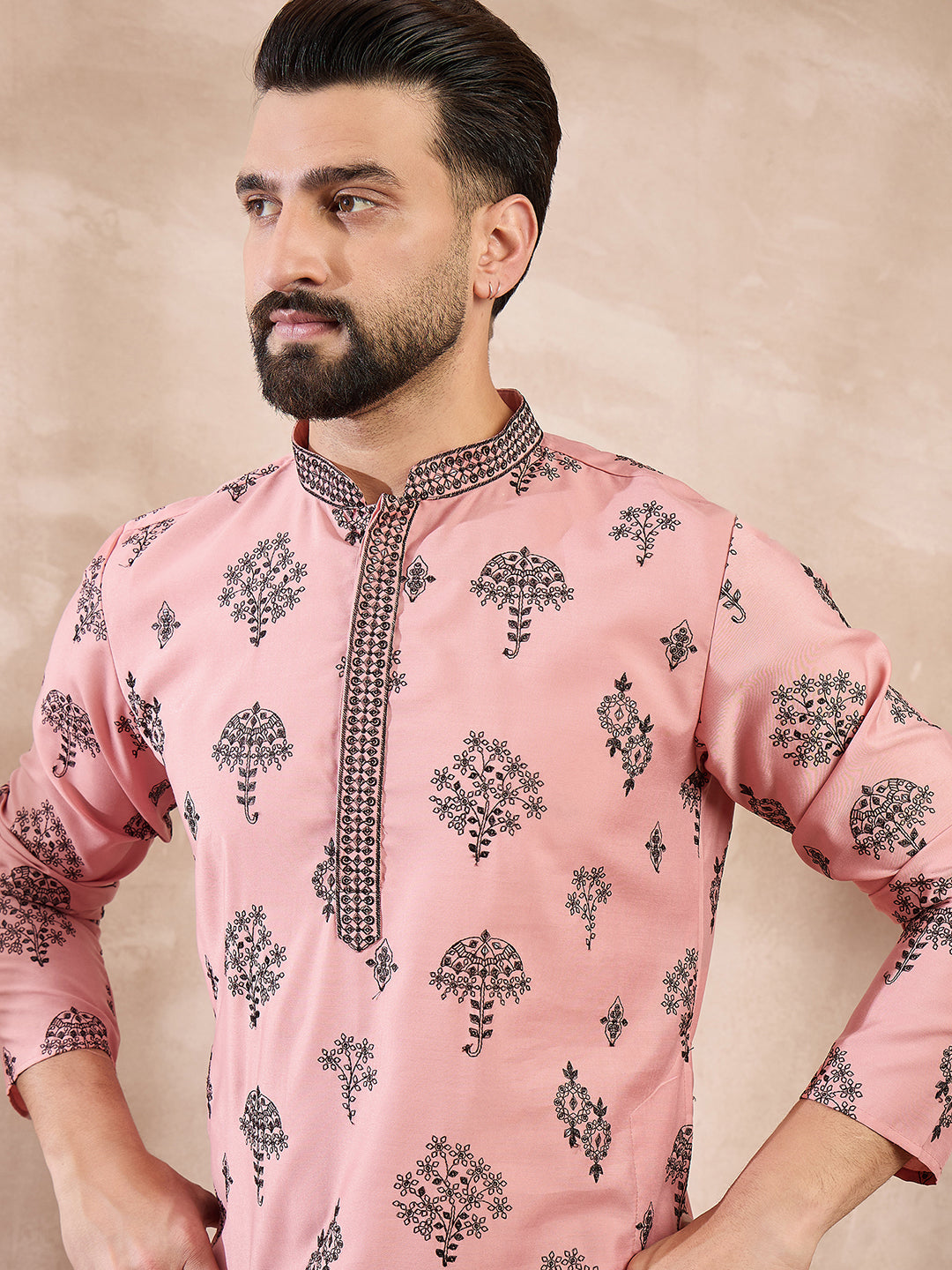 Ethnic Bay Men Peach Silk Blend Solid Embroidered Straight Kurta With Trouser