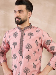 Ethnic Bay Men Peach Silk Blend Solid Embroidered Straight Kurta With Trouser-MKSET1804