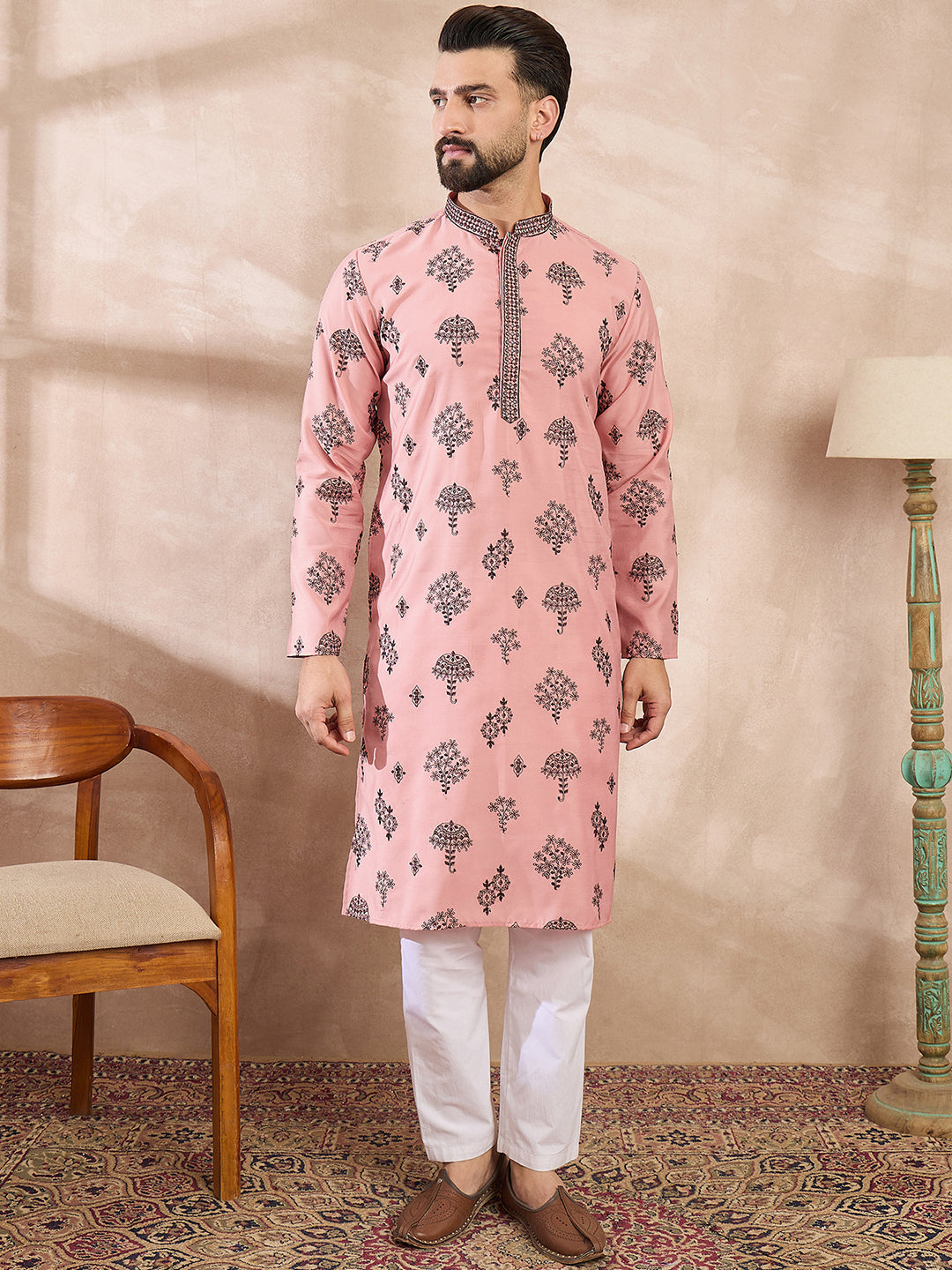 Ethnic Bay Men Peach Silk Blend Solid Embroidered Straight Kurta With Trouser
