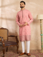 Ethnic Bay Men Peach Silk Blend Solid Embroidered Straight Kurta Sets-MKSET1807