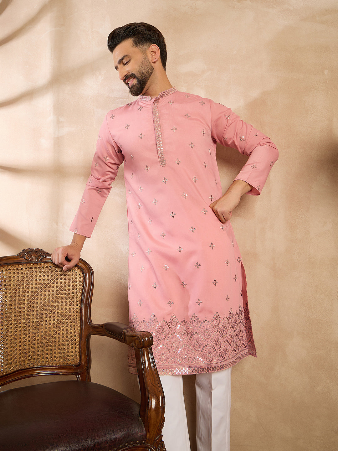 Ethnic Bay Men Peach Silk Blend Solid Embroidered Straight Kurta Sets