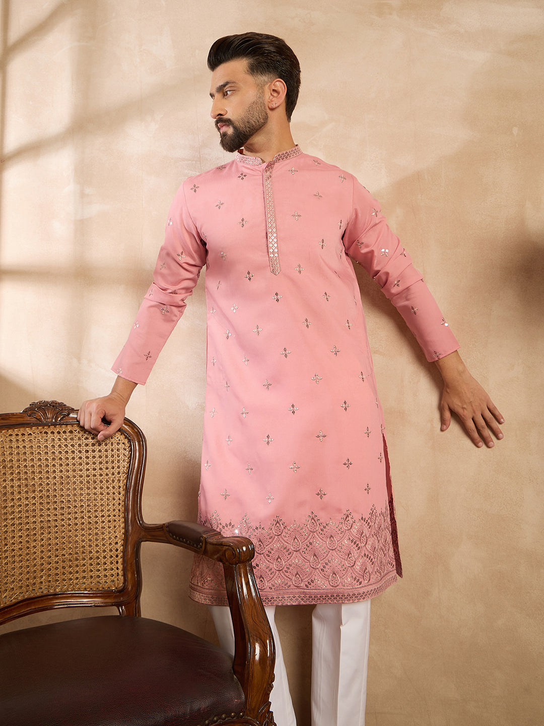 Ethnic Bay Men Peach Silk Blend Solid Embroidered Straight Kurta Sets