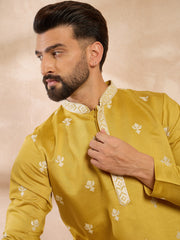Ethnic Bay Men Yellow Polyester Solid Embroidered Straight Kurta Sets-MKSET1809