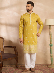 Ethnic Bay Men Yellow Polyester Solid Embroidered Straight Kurta Sets-MKSET1809