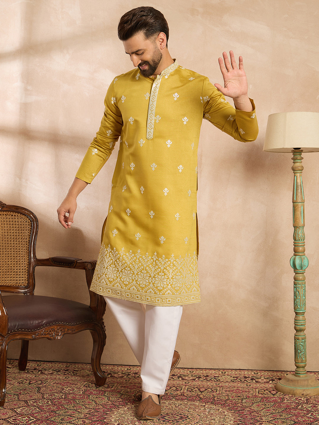 Ethnic Bay Men Yellow Polyester Solid Embroidered Straight Kurta Sets