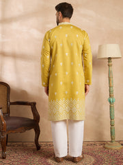Ethnic Bay Men Yellow Polyester Solid Embroidered Straight Kurta Sets-MKSET1809