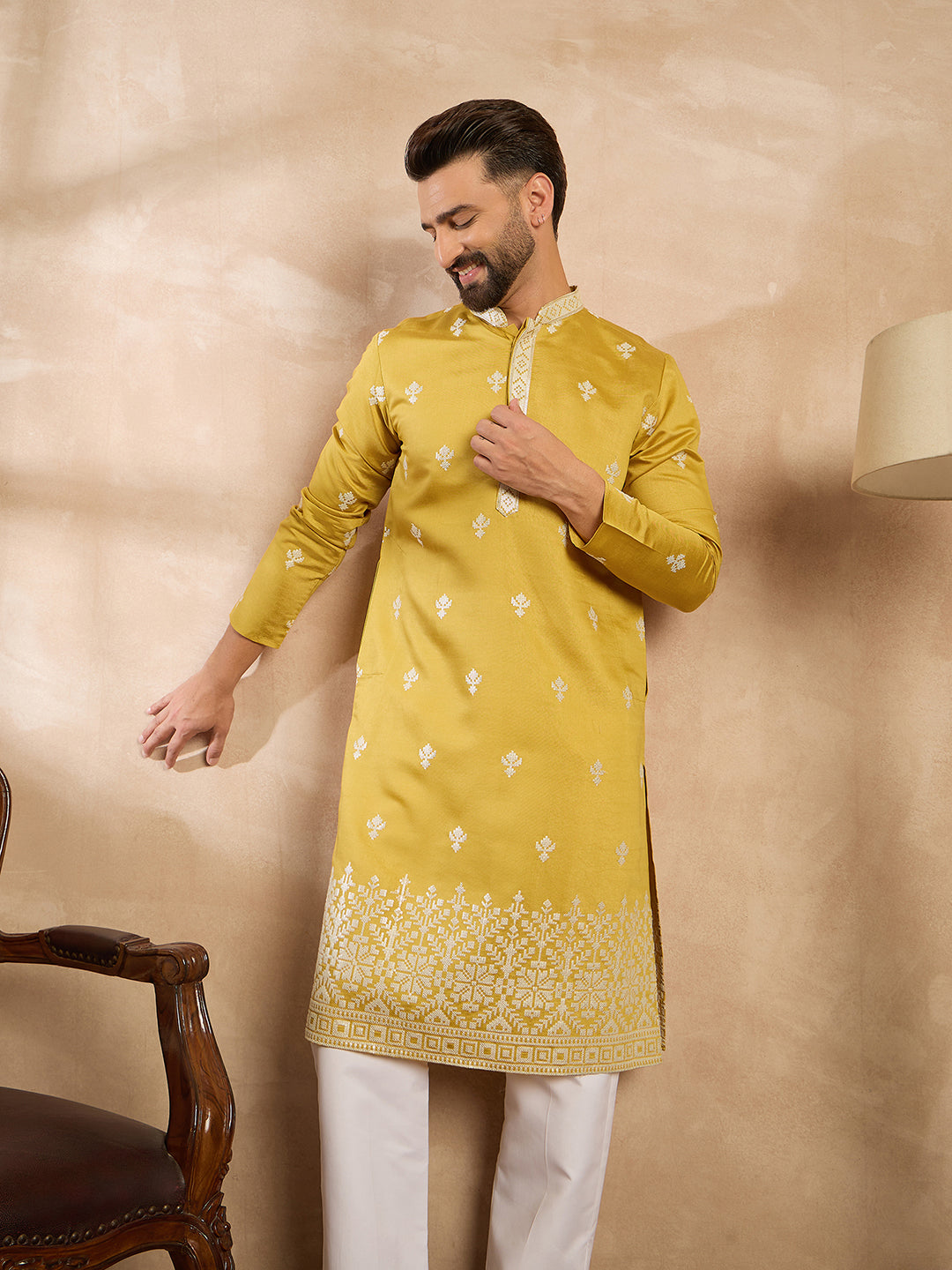 Ethnic Bay Men Yellow Polyester Solid Embroidered Straight Kurta Sets