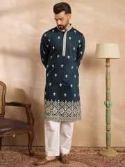 Ethnic Bay Men Navy Blue Polyester Solid Embroidered Straight Kurta Sets-MKSET1810
