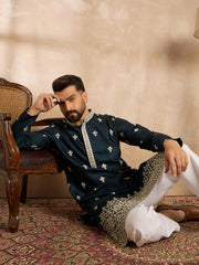 Ethnic Bay Men Navy Blue Polyester Solid Embroidered Straight Kurta Sets-MKSET1810