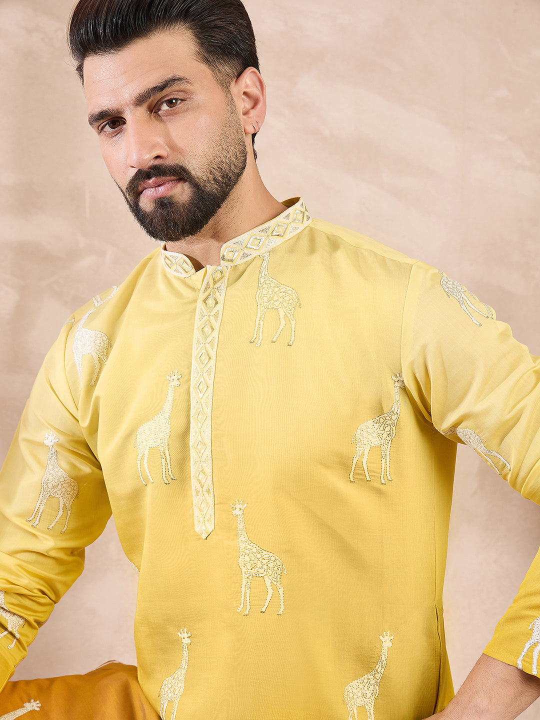 Ethnic Bay Men Yellow Silk Blend Ethnic Motifs Embroidered Straight Kurta With Trouser-MKSET1812