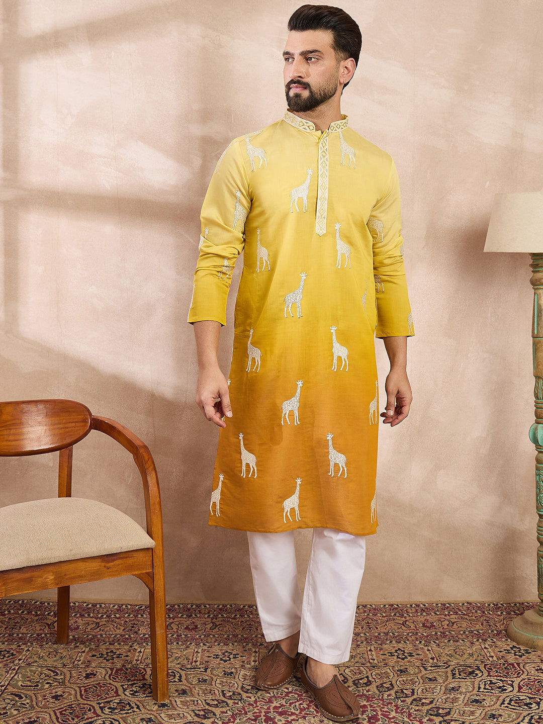 Ethnic Bay Men Yellow Silk Blend Ethnic Motifs Embroidered Straight Kurta With Trouser