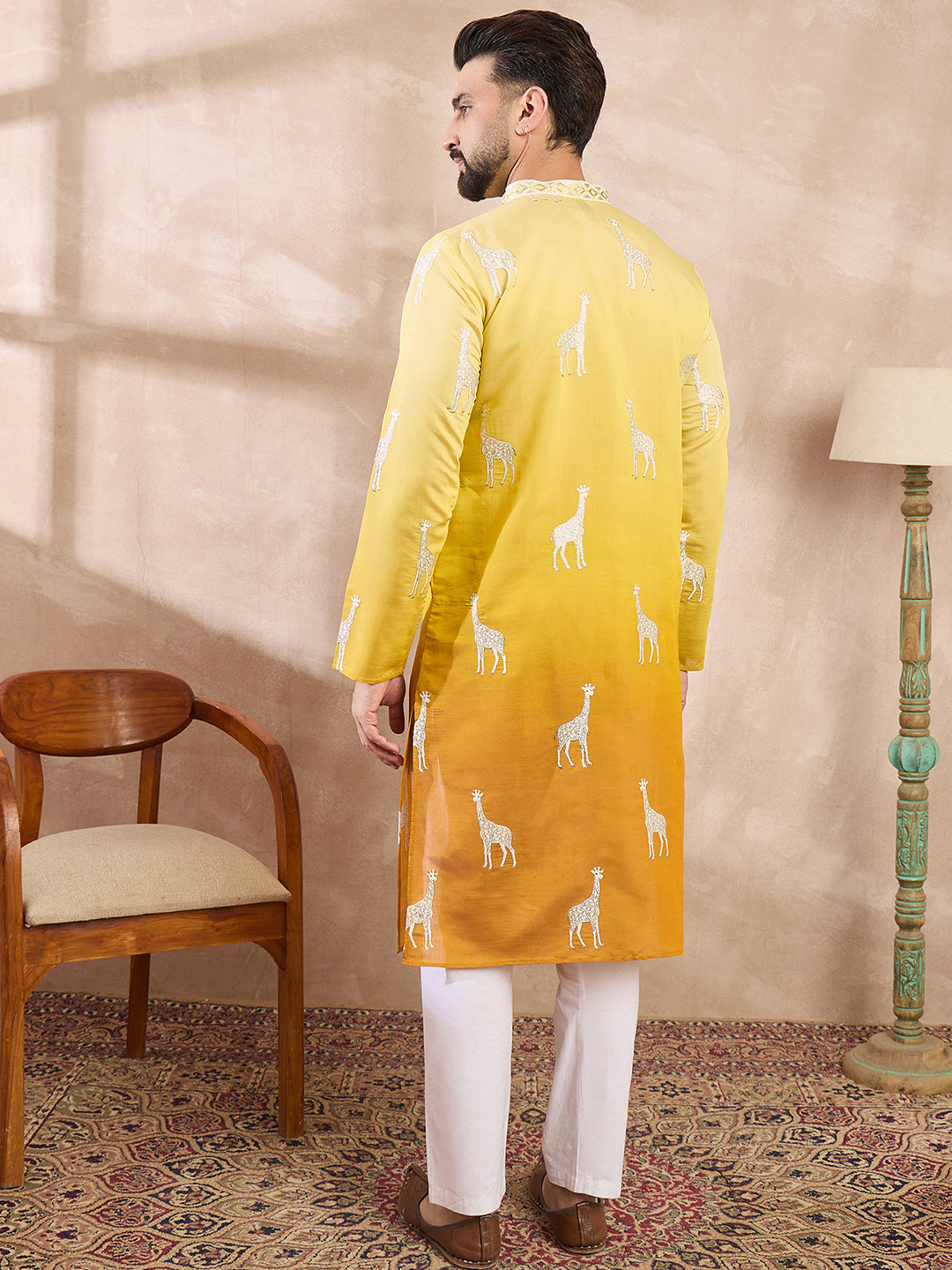 Ethnic Bay Men Yellow Silk Blend Ethnic Motifs Embroidered Straight Kurta With Trouser
