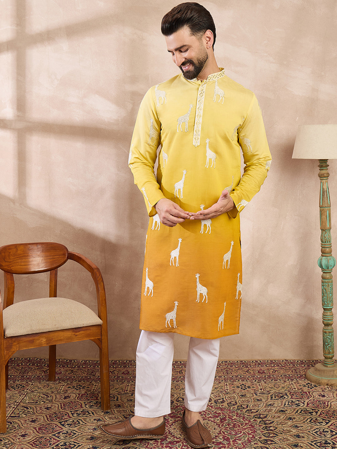 Ethnic Bay Men Yellow Silk Blend Ethnic Motifs Embroidered Straight Kurta With Trouser