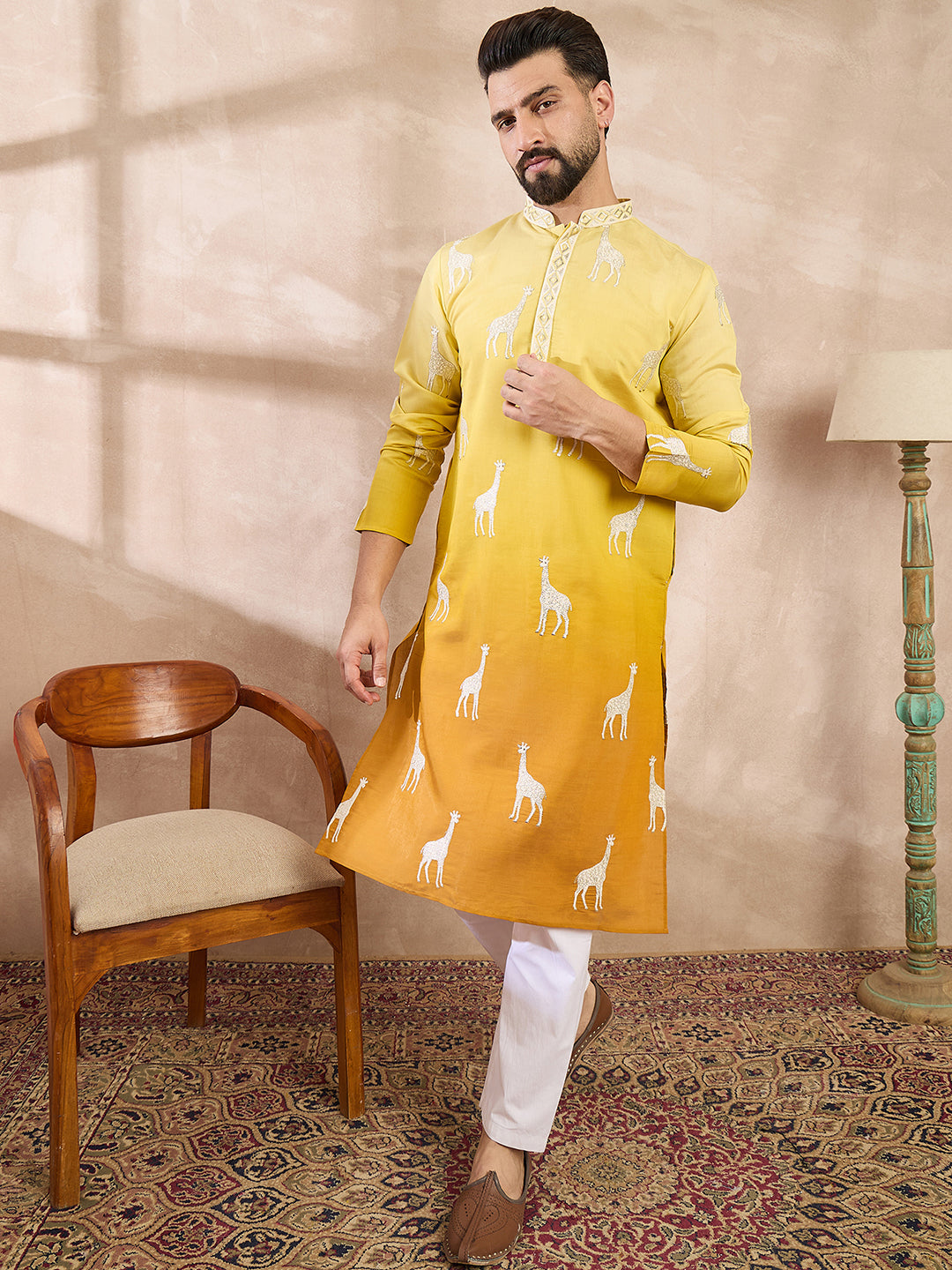 Ethnic Bay Men Yellow Silk Blend Ethnic Motifs Embroidered Straight Kurta With Trouser