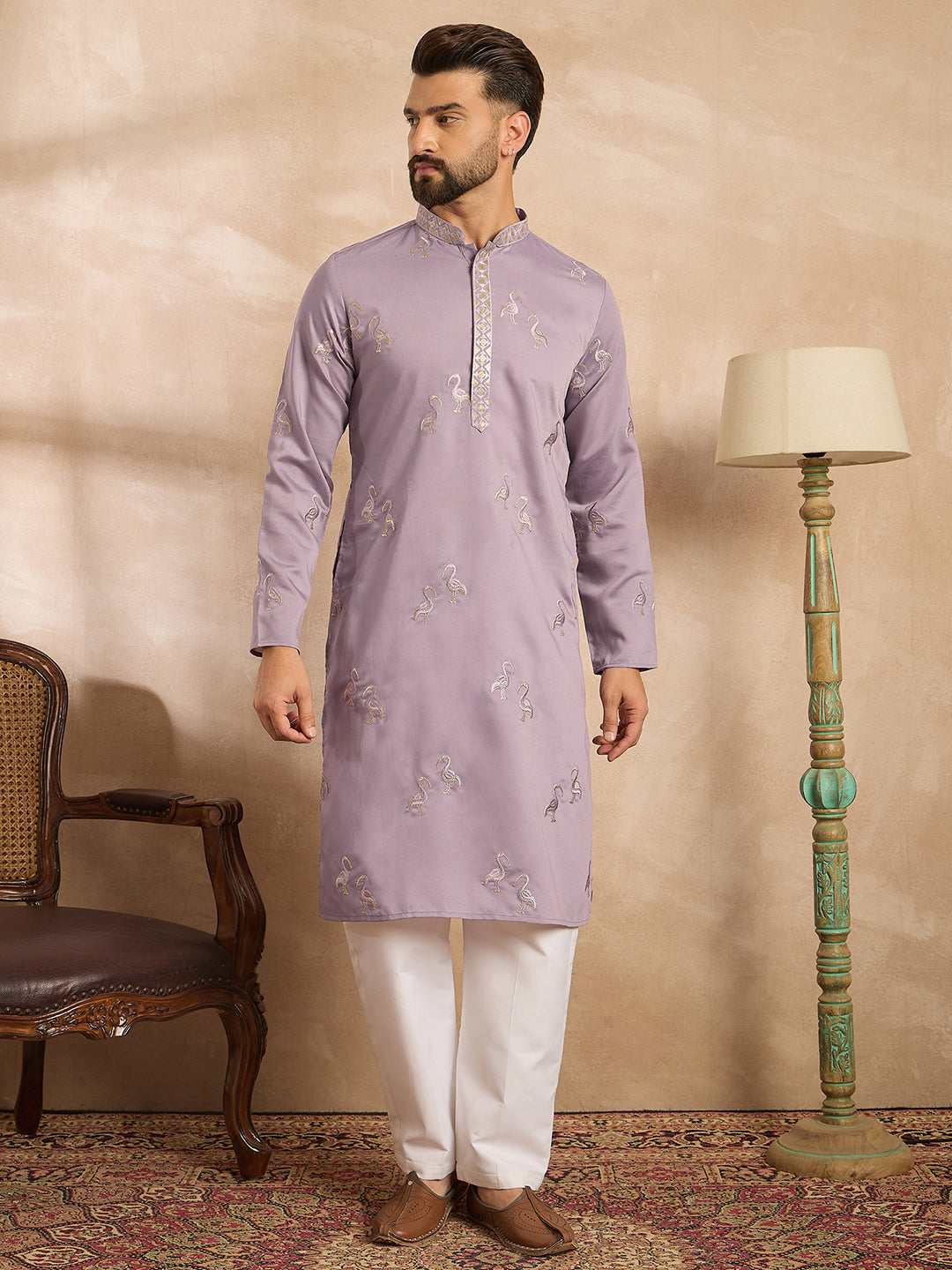 Ethnic Bay Men Lavender Silk Blend Solid Embroidered Straight Kurta Sets