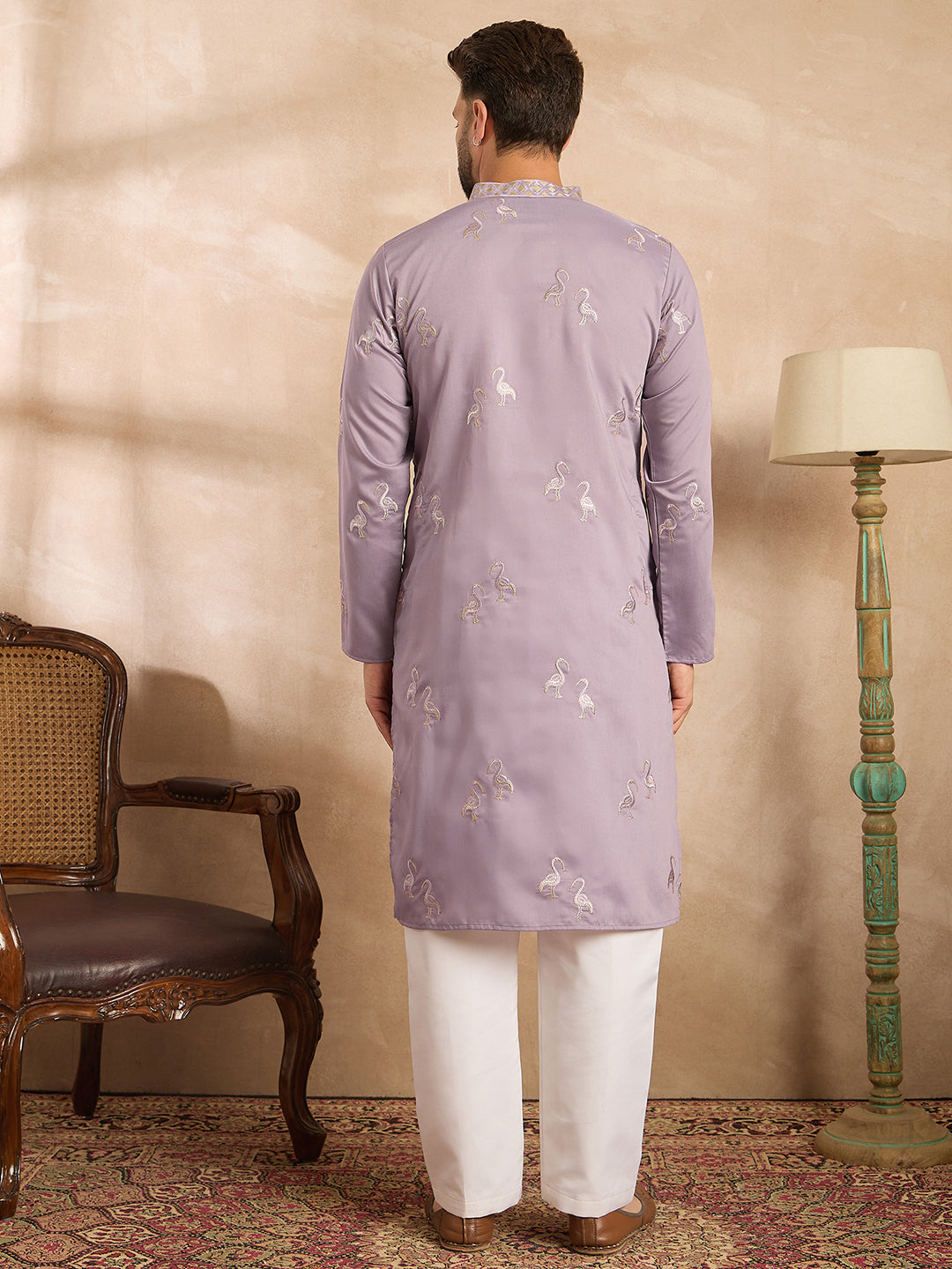 Ethnic Bay Men Lavender Silk Blend Solid Embroidered Straight Kurta Sets