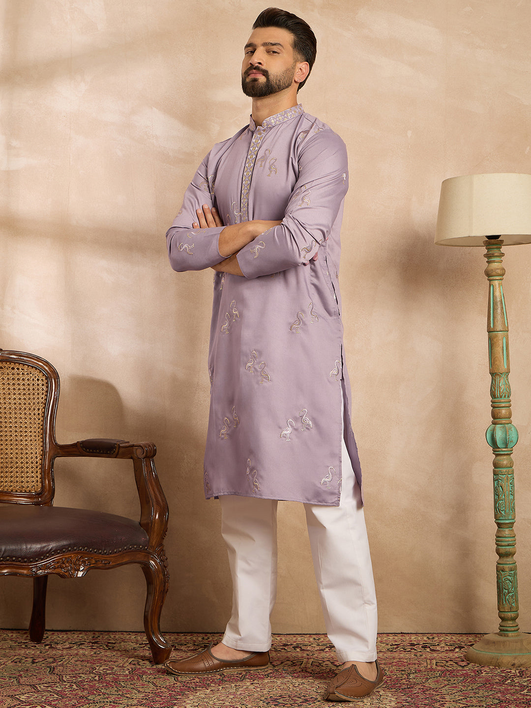 Ethnic Bay Men Lavender Silk Blend Solid Embroidered Straight Kurta Sets