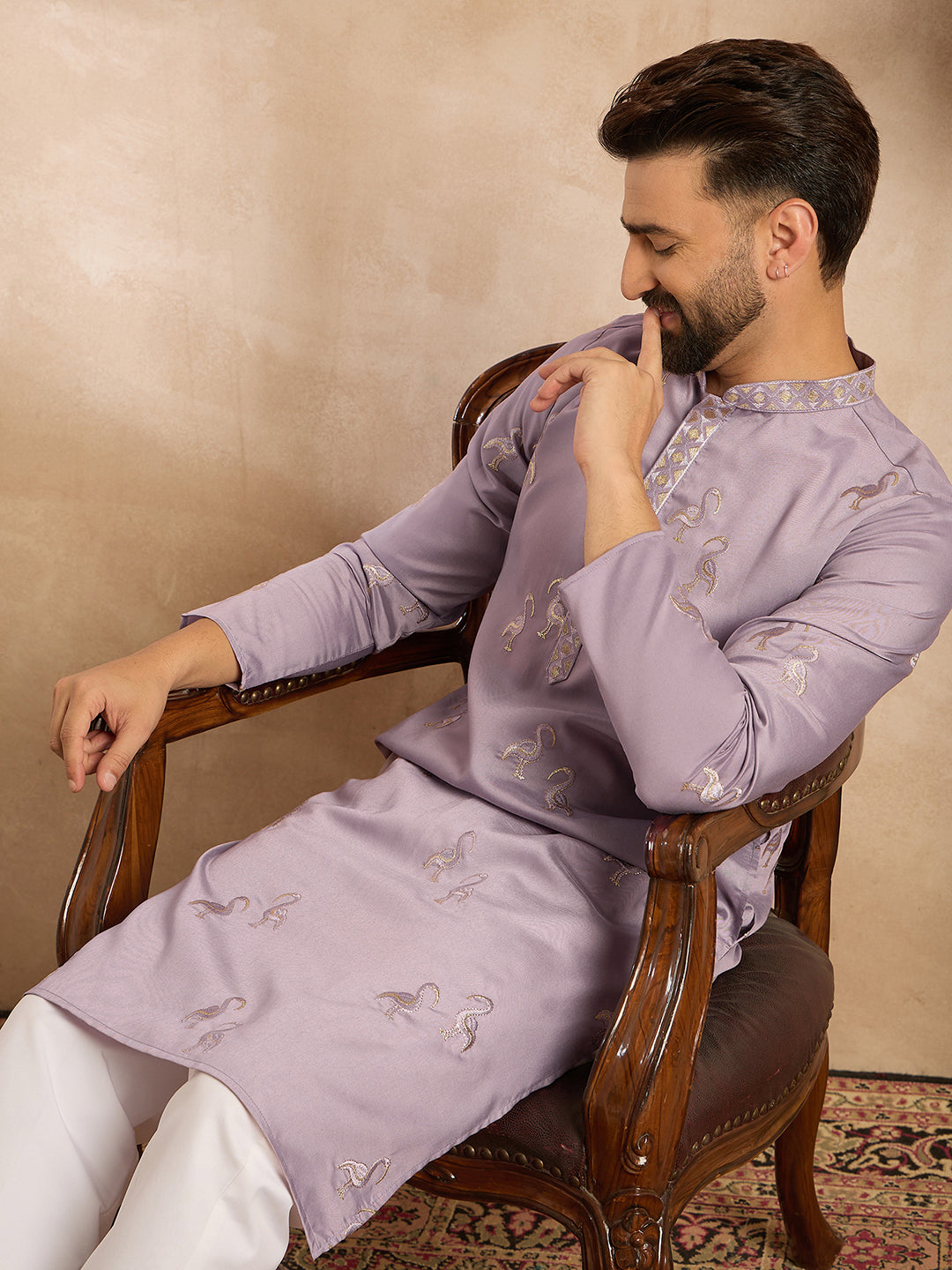 Ethnic Bay Men Lavender Silk Blend Solid Embroidered Straight Kurta Sets