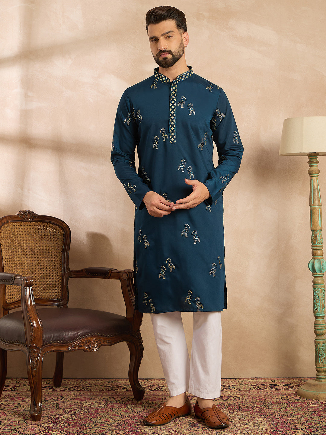 Ethnic Bay Men Navy Blue Silk Blend Solid Embroidered Straight Kurta Sets