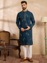 Ethnic Bay Men Navy Blue Silk Blend Solid Embroidered Straight Kurta Sets-MKSET1816