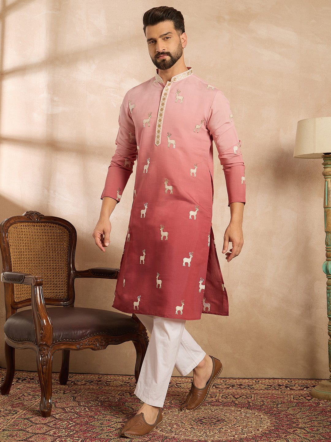 Ethnic Bay Men Red Silk Blend Ombre Embroidered Straight Kurta Sets
