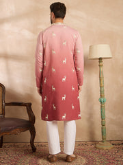 Ethnic Bay Men Red Silk Blend Ombre Embroidered Straight Kurta Sets-MKSET1818