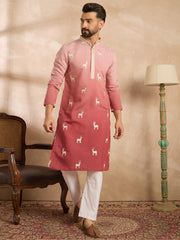 Ethnic Bay Men Red Silk Blend Ombre Embroidered Straight Kurta Sets-MKSET1818